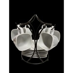 B. Smith White Set For 6 Espresso Demitasse Cups & Saucers W/Storage Rack Coffee